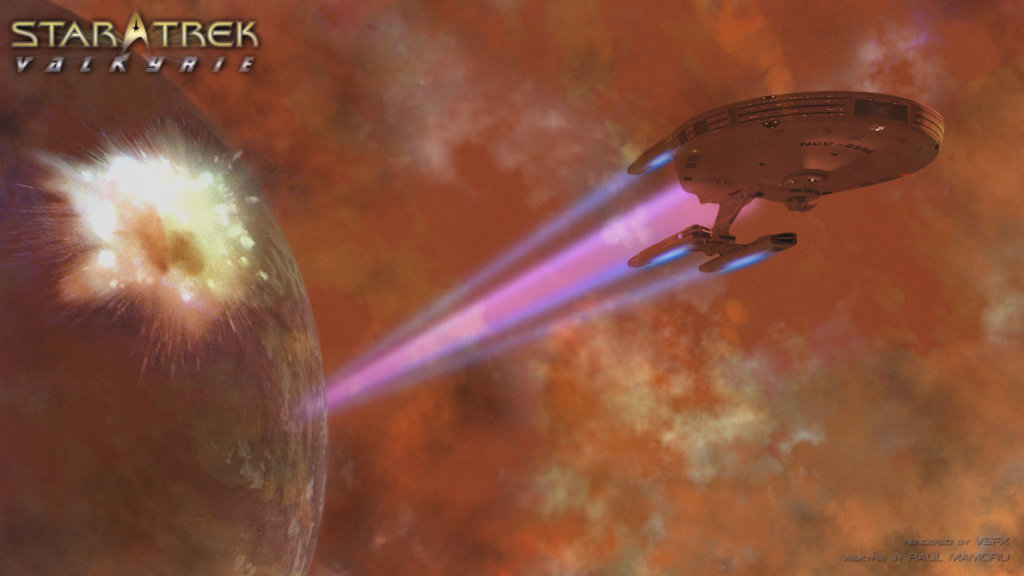 The reactors on the planet explode just as the Valkyrie escapes, using an emergency restart of its warp engines.